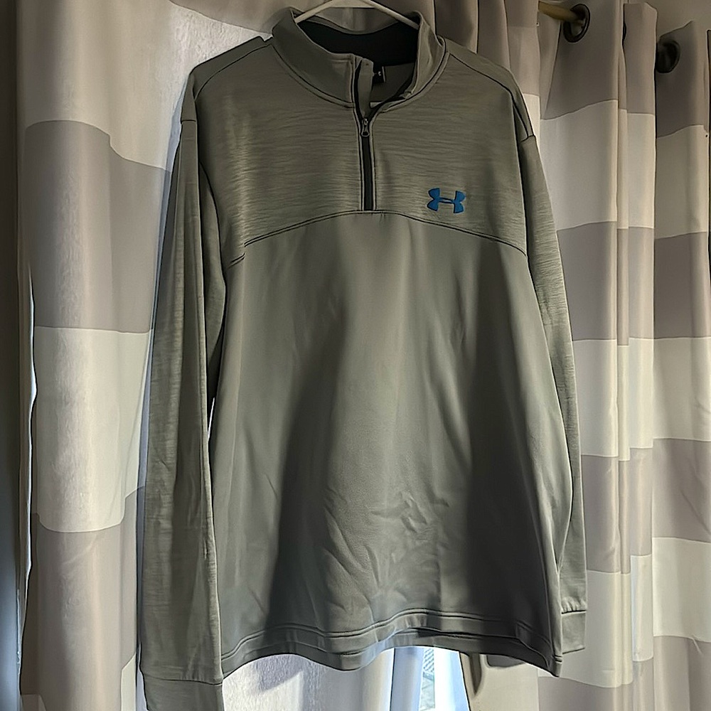 Under Armour…size 2XL…gray…blue UA symbol…quarter zip